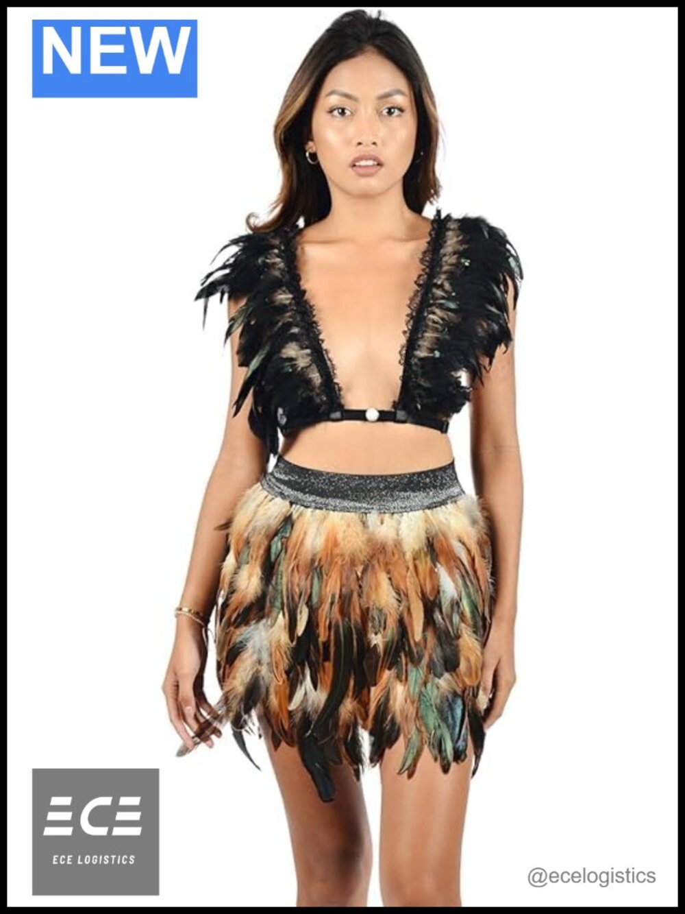 2 Piece Real Feather Skirt Set Festival Rave Outfit Adjustable